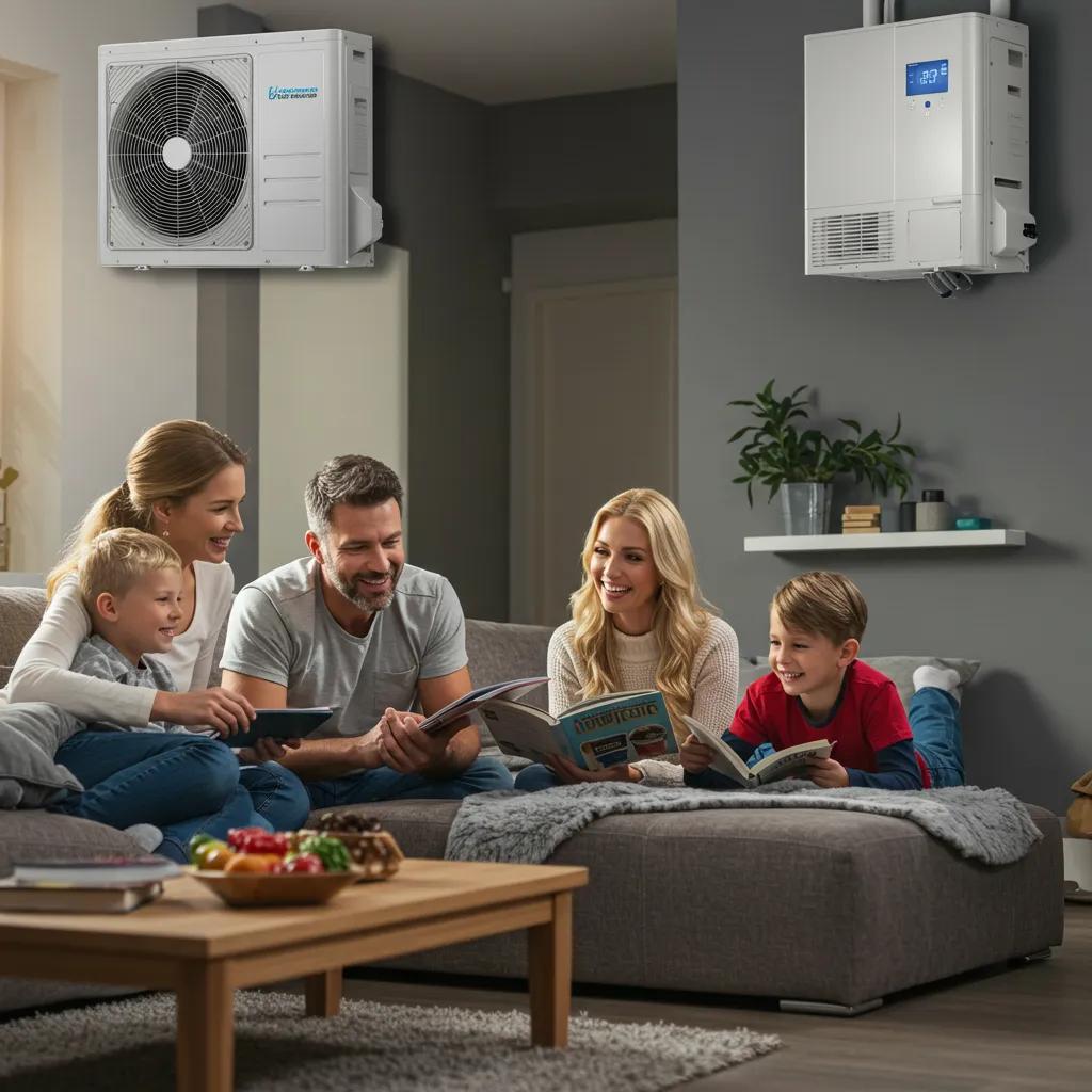 A family enjoying a comfortable home with a heat pump system visible in the background, illustrating the benefits of heat pumps