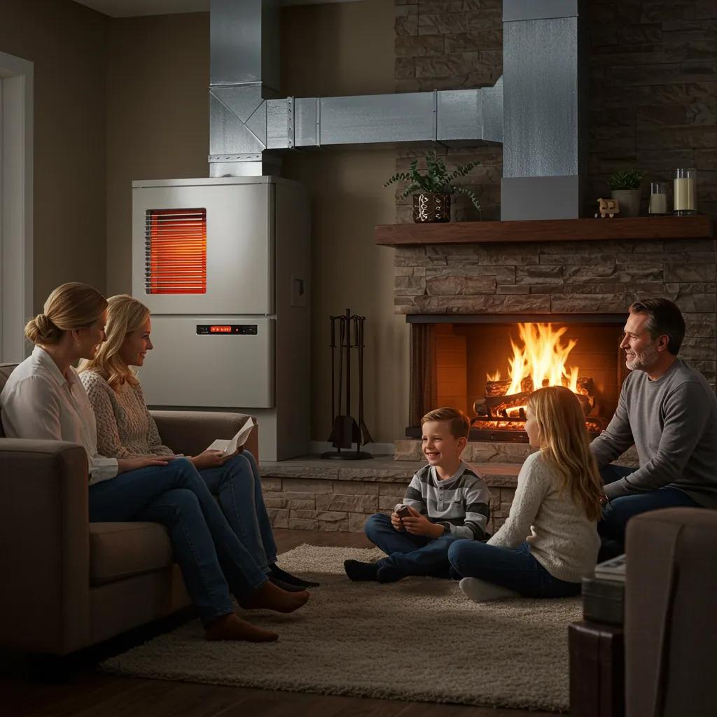 A family gathered around a fireplace with a furnace in the background, showcasing the benefits of furnace heating systems